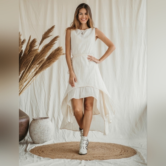 White Linen Dress ∆ Women Boho Wedding Dress ∆ Maxi Bohemian Dress ∆ Asymmetric - Picture 2 of 9